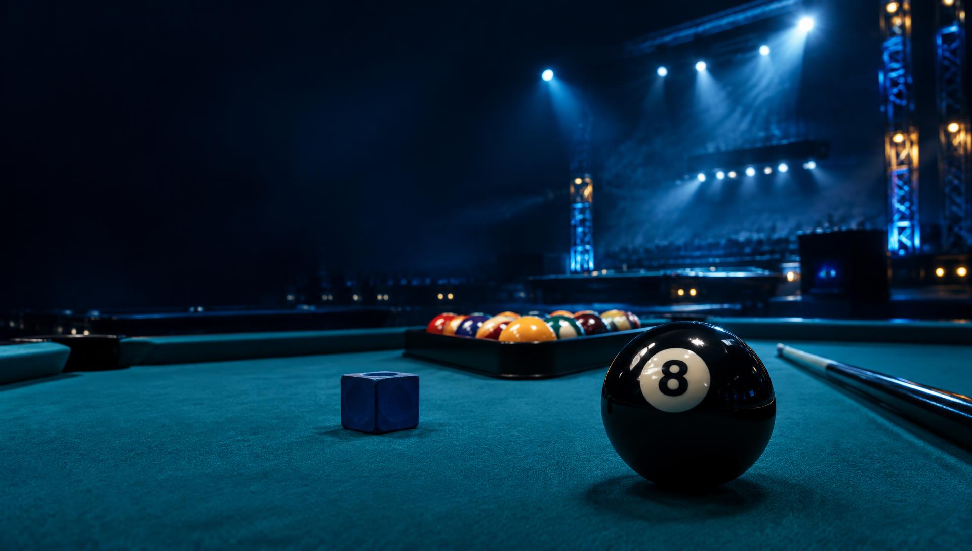 An 8-ball on a tournament table under arena lights